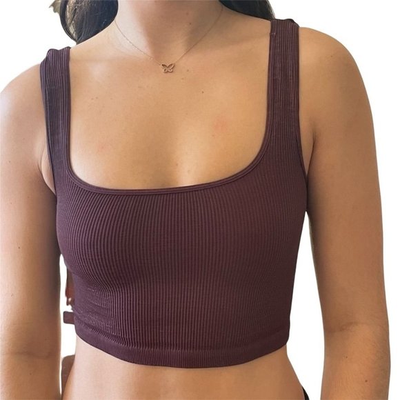 FREE PEOPLE FP MOVEMENT HAPPINESS WINE/BURGUNDY SQUARE NECK CROP SZ: M/L NWOT - Picture 2 of 6